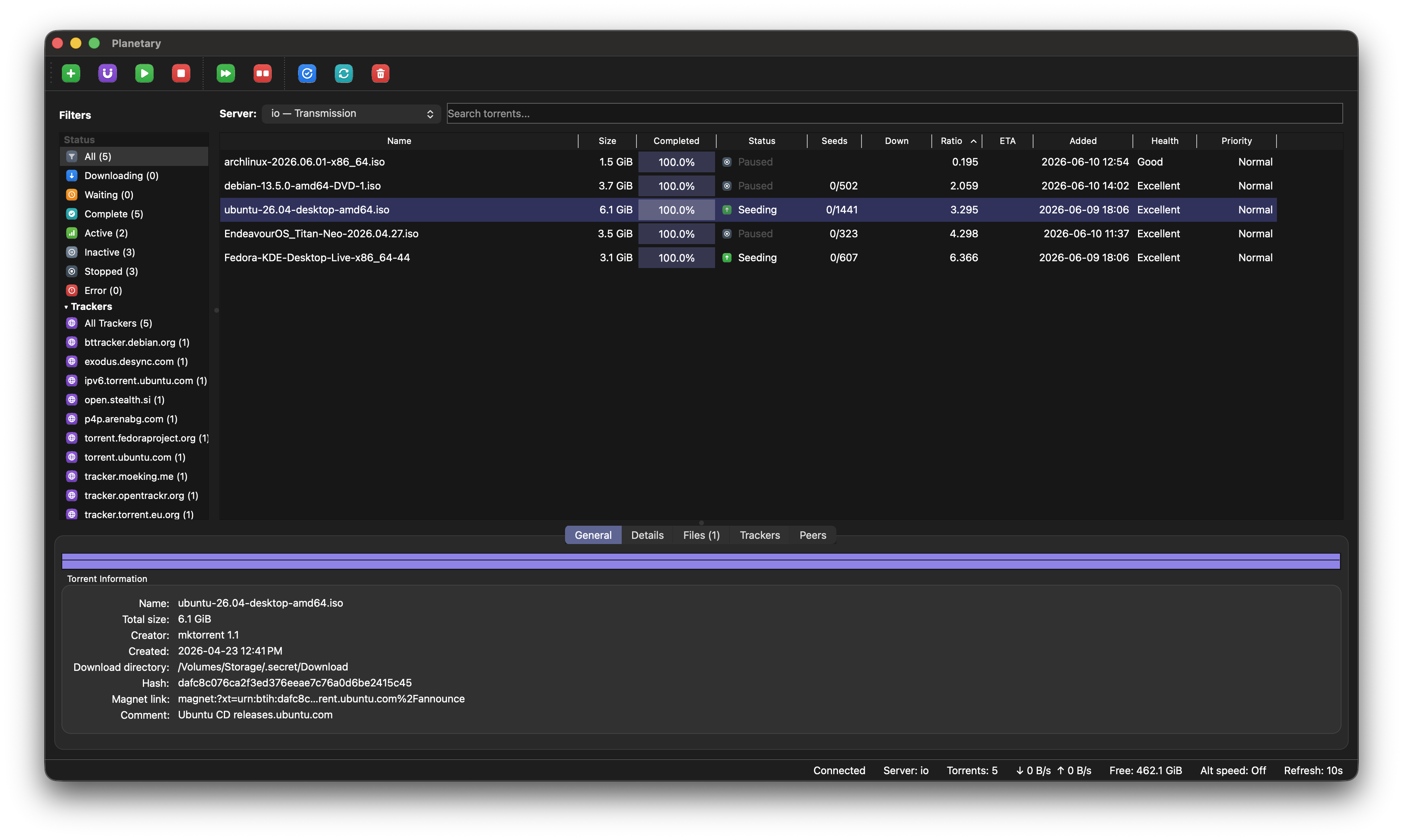 Planetary showing a list of torrents and detailed file information